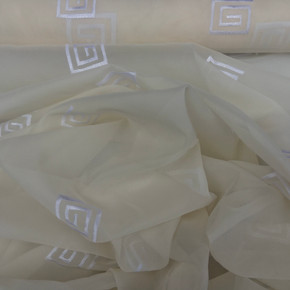 White Greek Key Embroidered Voile Net Curtain Fabric, Cream