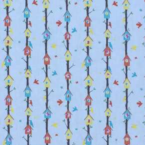 Birds In Tree Houses Woodland Cotton Poplin Fabric, White