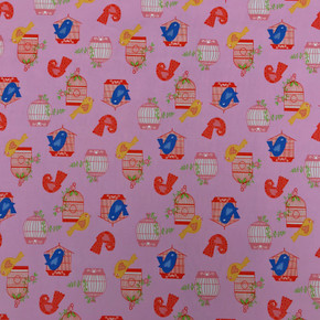 Birds And Cages Cotton Poplin Dress Craft Fabric, Pink