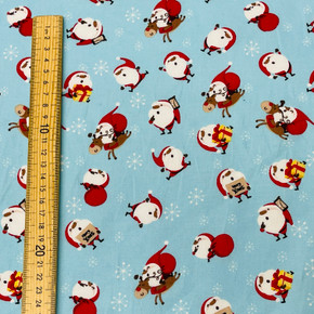 Christmas Santa & Rudolf Xmas Print Cotton Fabric, Blue