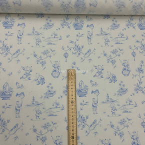 French Toile De Jouy Vintage Cotton  Fabric, Duck Egg