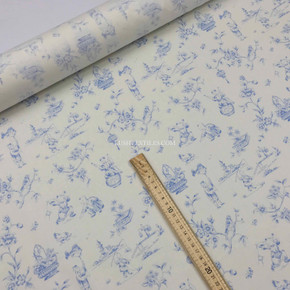 French Toile De Jouy Vintage Cotton  Fabric, Duck Egg