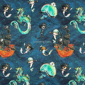 Pirates Boat Dragons Digital Cotton Craft Fabric 140cm Wide, Midnight