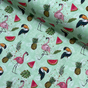 Tropical Birds Pecans Digital Cotton Craft Fabric 140cm Wide, Green