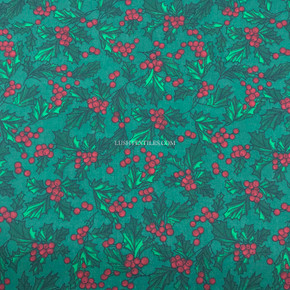 Holly Leaves & Berries Christmas Polycotton Fabric, Green