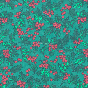 Holly Leaves & Berries Christmas Polycotton Fabric, Green