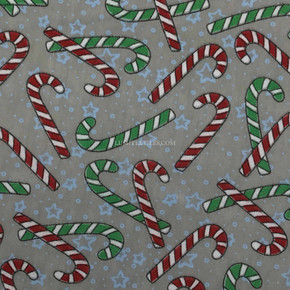 Candy Cane Christmas Polycotton Fabric, Grey