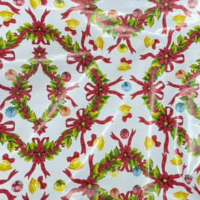 Christmas PVC Tablecloth Wreaths & Bells Fabric, White