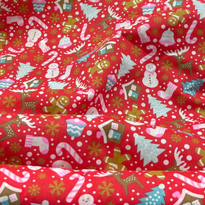 Christmas Party Snowflakes Gingerbread Man Polycotton Fabric, Red