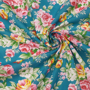 Vintage Rose Print Polycotton Fabric, Turquoise