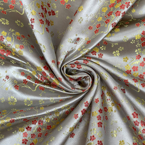 Chinese Blossom Silk Jacquard Brocade Fabric, Silver