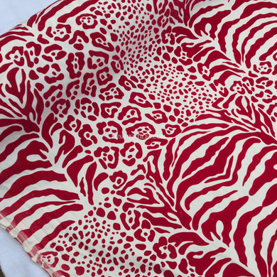 Safari Red Velvet Flock Cotton Panama Curtain Fabric, Cream