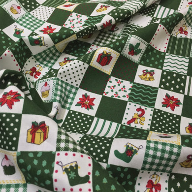 Christmas Patchwork Squares Cotton Fabric, Green