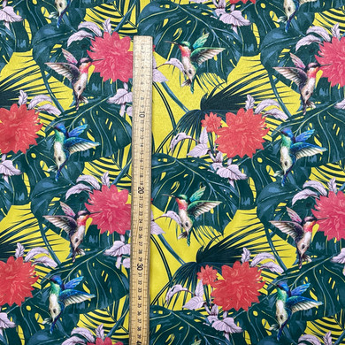 Tropical Floral Bird Digital Print Satin Brocade Fabric, Yellow