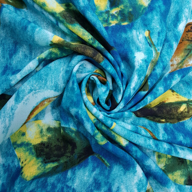 Tie Dye Leaves Print Viscose Dress Fabric, Turquoise