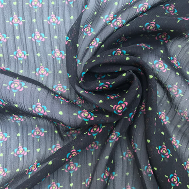 Small Pretty Flower Print Chiffon Fabric, Black