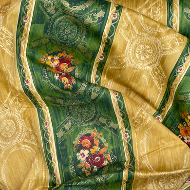 'CADEAU' Damask Vintage Blossom Floral Print Cotton Fabric, Green/Gold