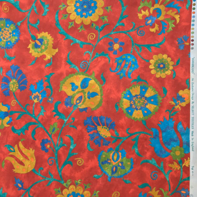 Floral Mustard Flowers Samarkand Vintage Cotton Fabric, Red