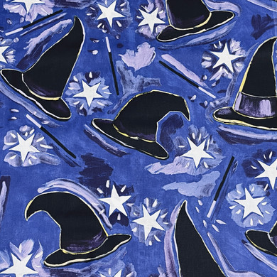 Wizards Hat & Wand Print Cotton Fabric, Blue