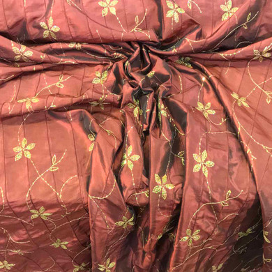 Prestige Textiles Taffeta Dress Fabric, Gold Floral Sequin Taffeta Fabric, Wine