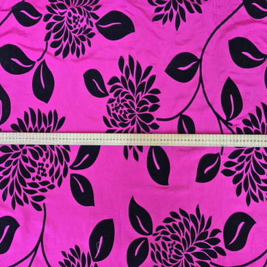 Black Floral Velvet Flock Taffeta Fabric, Cerise