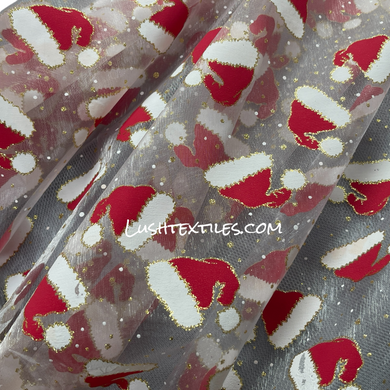 Christmas Glitter Organza Voile Fabric, Santa Hats