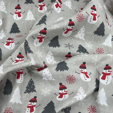 Snowman XMAS Snowflakes Christmas Polycotton Fabric, Silver