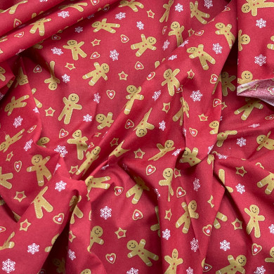 XMAS Gingerbread Man & Snowflakes Christmas Polycotton Fabric, Red