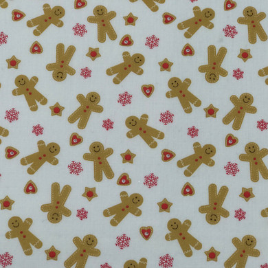 XMAS Gingerbread Man & Snowflakes Christmas Polycotton Fabric, White