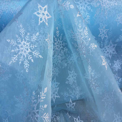 Snowflake Glitter Organza  Fabric, Turquoise