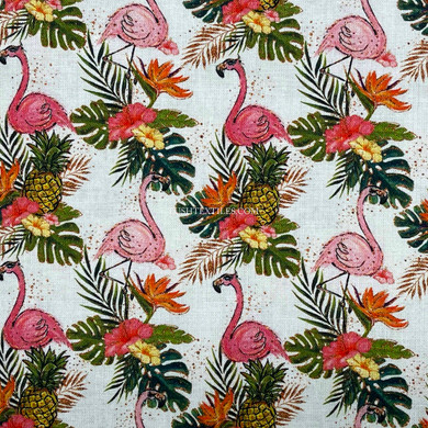 Tropical Flamingo Birds Digital Cotton Craft Fabric 140cm Wide, Ivory