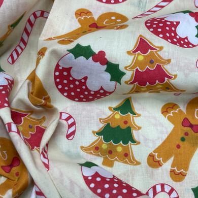 Gingerbread Men, Candy & Christmas Puddings Polycotton Fabric 45", Cream