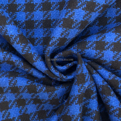 Black Houndstooth Check Tweed Wool Blend Fabric,  Blue