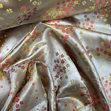 Chinese Blossom Silk Jacquard Brocade Fabric, Silver