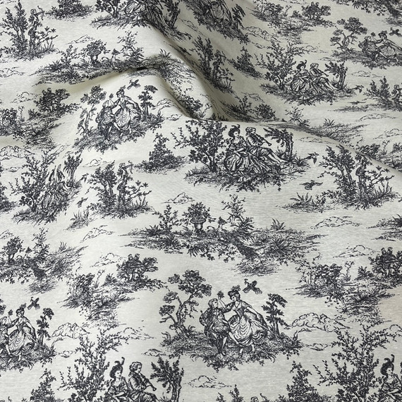 French Toile De Jouy Vintage Cotton Fabric, Black