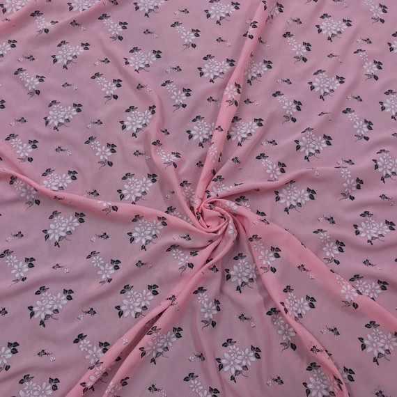 Pink Floral Pattern Metallic Chiffon Fabric