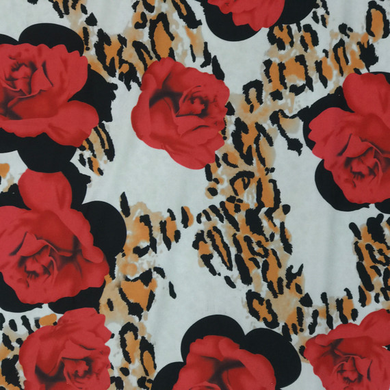 Leopard Spots And Roses Print Crepe Satin, White