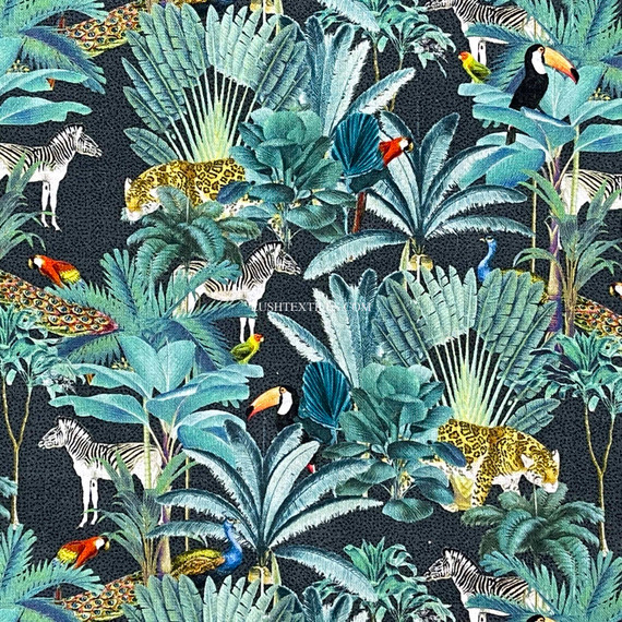 Tropical Palm Trees Animals Digital Cotton Craft Fabric, Black