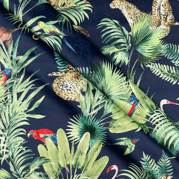 Amazon Tropical  Digital Print Plush Velvet Curtain Fabric, Navy