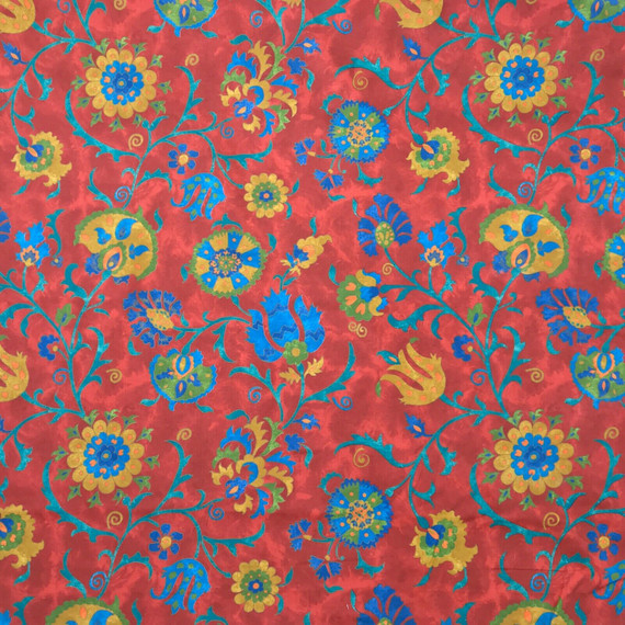 Floral Mustard Flowers Samarkand Vintage Cotton Fabric, Red