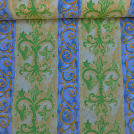 Damask Cotton Vintage Print Fabric, Yellow/Green