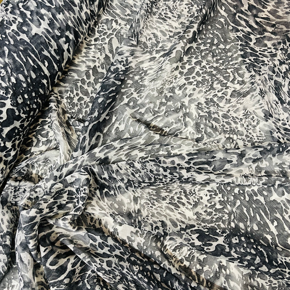 UK Wholesaler of dress fabrics, chiffon crepe, viscose, Leopard Spots Print Chiffon Fabric, Black/White