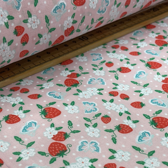 Red Strawberries & Butterfly Floral Polycotton Dress Fabric, Pink