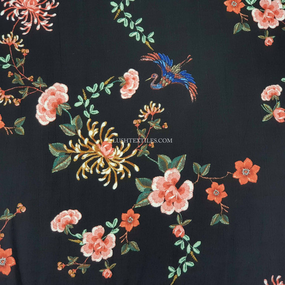 Bird Blossom Floral Viscose Marocaine Dress Fabric, Black