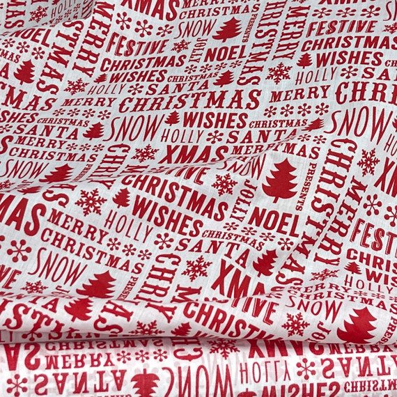 Festive Christmas Wishes Polycotton Fabric, White