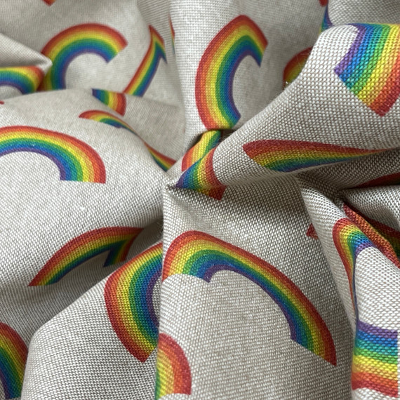 Cotton Rich Linen Look Fabric Digital Upholstery, Large Rainbows