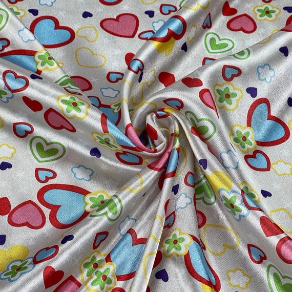 Love Hearts Printed Satin, Cream