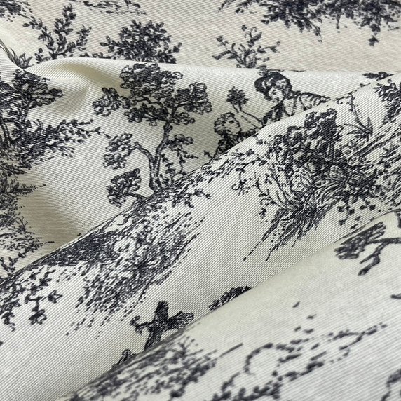 French Toile De Jouy Vintage Cotton Fabric, Black