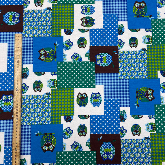 Owls Patchwork Squares Craft Cotton Print Fabric. Blue/Green