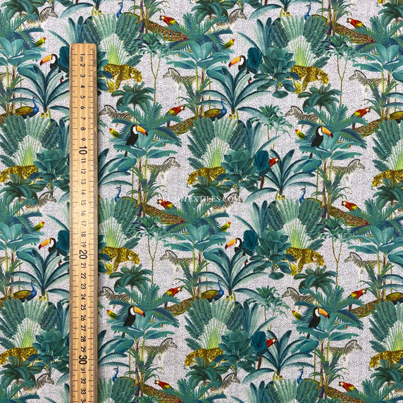 Tropical Palm Trees Animals Digital Cotton Craft Fabric 140cm Wide, Ivory